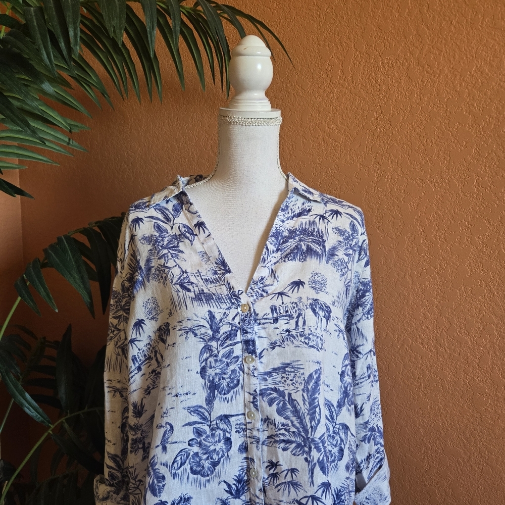 NWT Joie Linen Button Down Top Blue White Print Large Floral Washable